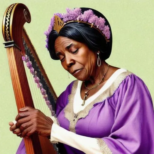 Prompt: An older African woman with dark hair wearing a crown and a lilac medieval dress. She is playing her harp. There are art supplies around her and a hawk on a perch.