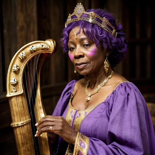 Prompt: An older African woman wearing a crown and a lilac medieval dress. She is playing her harp. There are art supplies around her and a hawk on a perch.