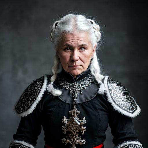 Prompt: Portrait of an elderly russian warrior woman. She has white hair and grey and white skin with blue veins. She is wearing black ornate gothic plate armour. Her clothes are white with red trim.