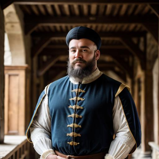 Prompt: Portrait of a burly ordinary man wearing Italian renaissance clothing. Stands in front of a half but medieval hall.