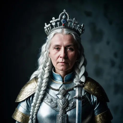 Prompt: Portait os Elderly russian warrior woman wearing ornate medieval armour. She has white hair worn in complex braids. Her skin is white with blue lines. She has a sword and wears a russian medieval crown. She carries a sword.