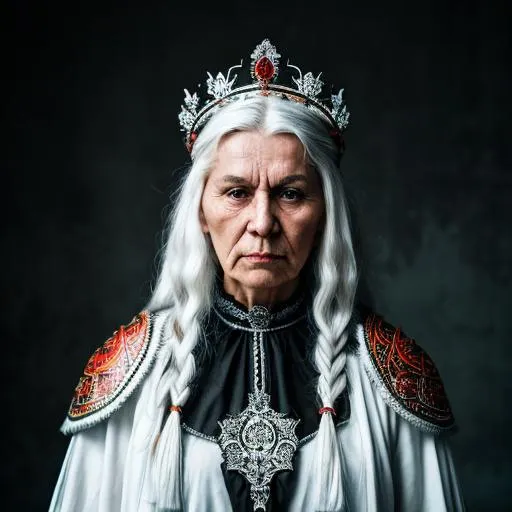 Prompt: Portrait of a fierce  elderly russian warrior woman. She very stern and has white hair and white skin. She is wearing a russian crown and black ornate gothic plate armour. Her clothes are white with red trim.
She has a scar on her face.