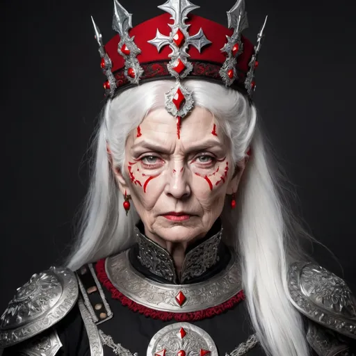Prompt: Portrait of a fierce  elderly russian warrior woman. She very stern and has white hair and white skin. She is wearing a russian crown and black ornate gothic plate armour. Her clothes are white with red trim.
She has a knife scar on her face.