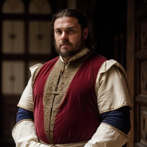 Prompt: Portrait of a burly ordinary man wearing Italian renaissance clothing. Stands in front of a half but medieval hall.