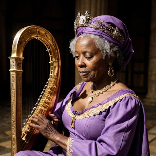 Prompt: An older African woman wearing a crown and a lilac medieval dress. She is playing her harp. There are art supplies around her and a hawk on a perch.