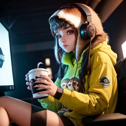 Prompt: masterpiece, best quality, a female sloth playing video games while streaming and chatting and drinking coffee,  4k