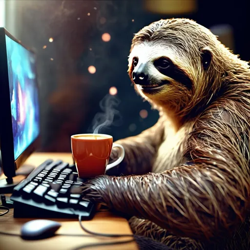 Prompt: masterpiece, best quality, a female sloth playing video games while streaming and chatting and drinking coffee,  4k