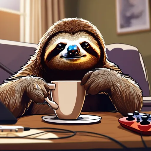 Prompt: masterpiece, best quality, sleepy sloth playing video games while streaming and chatting and drinking coffee,  4k
