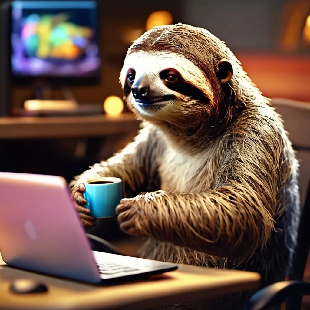 Prompt: masterpiece, best quality, a female sloth playing video games while streaming and chatting and drinking coffee,  4k