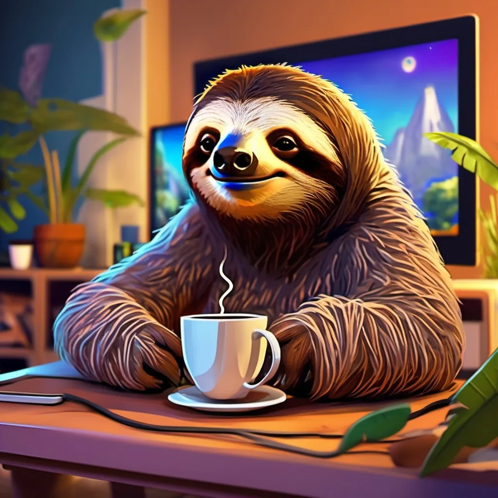 Prompt: masterpiece, best quality, sleepy sloth playing video games while streaming and chatting and drinking coffee,  4k