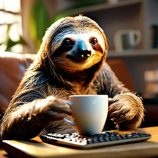Prompt: masterpiece, best quality, a female sloth playing video games while streaming and chatting and drinking coffee,  4k