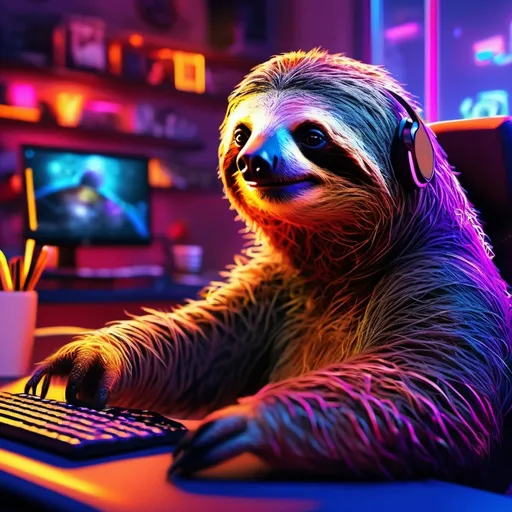 Prompt: masterpiece, best quality, a female sloth playing video games while streaming and chatting and drinking coffee,  4k