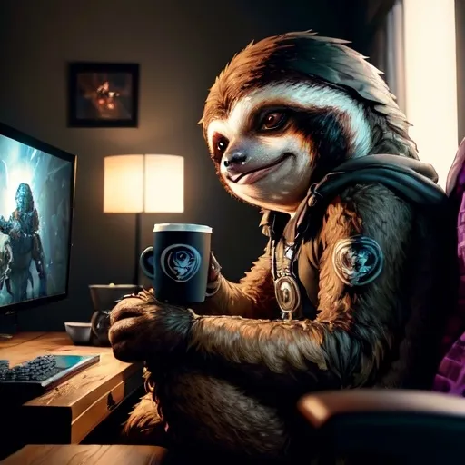 Prompt: masterpiece, best quality, a sloth playing video games, chatting,  drinking coffee,  4k