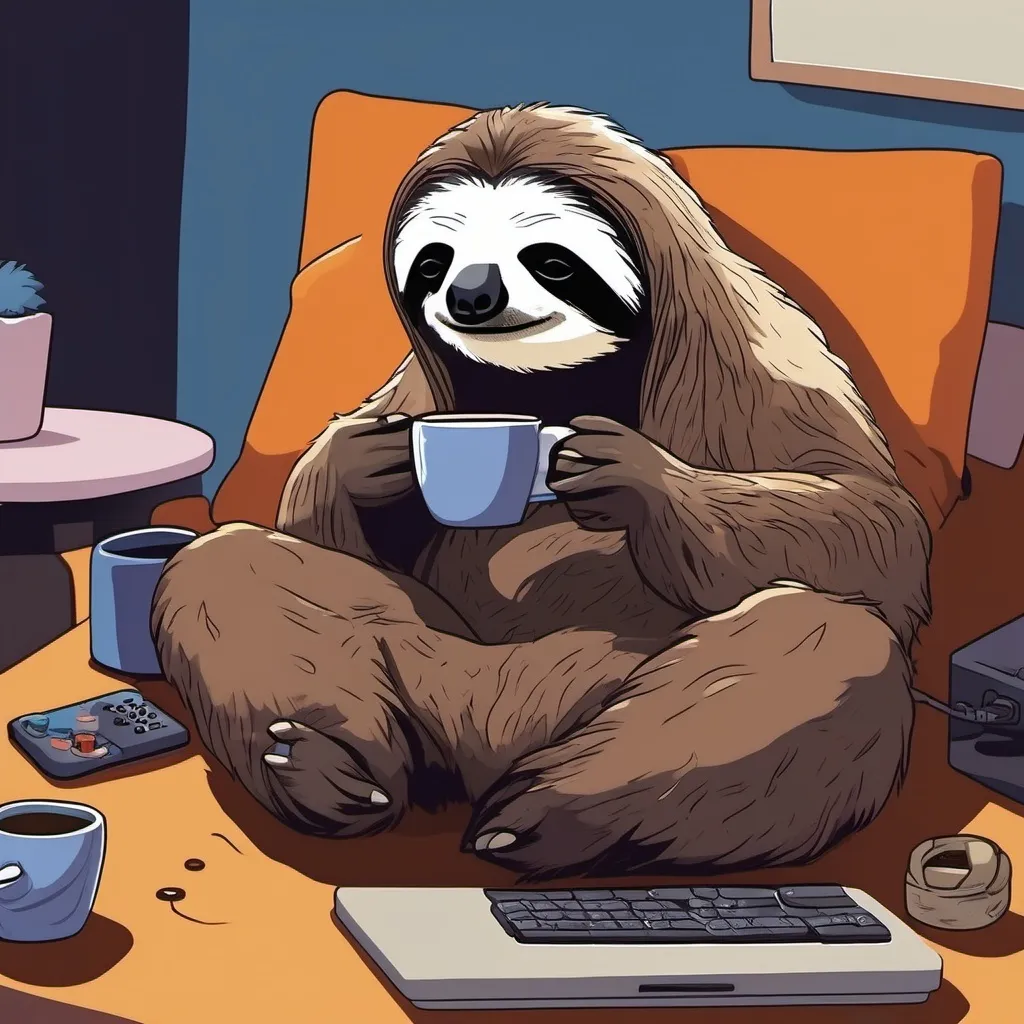 Prompt: masterpiece, best quality, sleepy sloth playing video games while streaming and chatting and drinking coffee,  4k