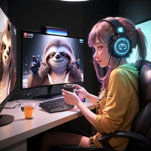 Prompt: masterpiece, best quality, a female sloth playing video games while streaming and chatting and drinking coffee,  4k