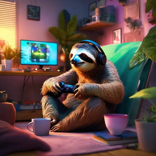 Prompt: masterpiece, best quality, a female sloth playing video games while streaming and chatting and drinking coffee,  4k