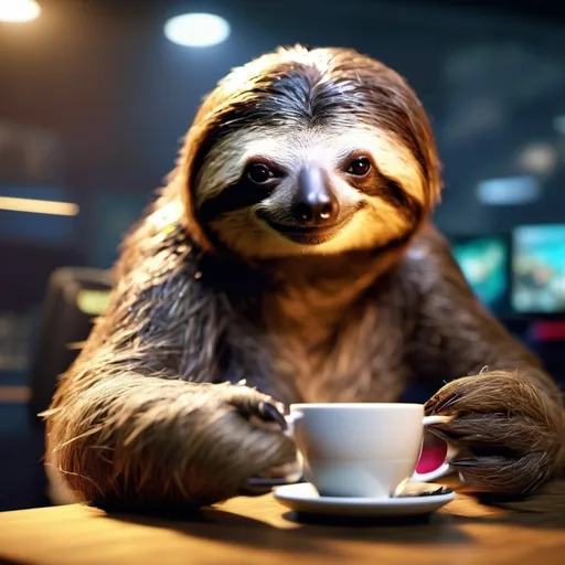 Prompt: masterpiece, best quality, a female sloth playing video games while streaming and chatting and drinking coffee,  4k