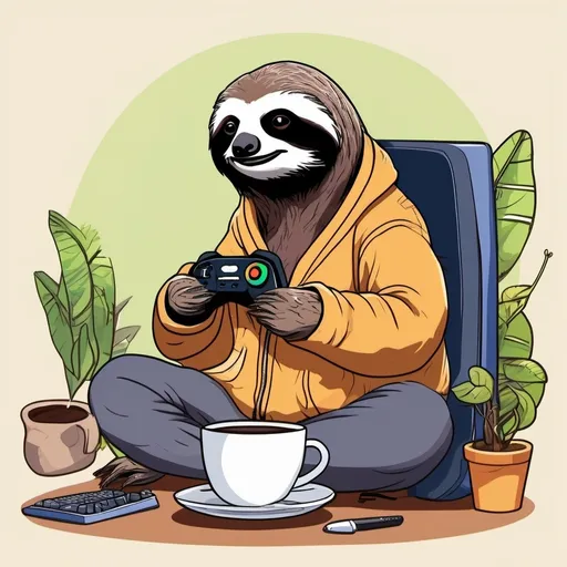 Prompt: masterpiece, best quality, a female sloth playing video games while streaming and chatting and drinking coffee,  4k