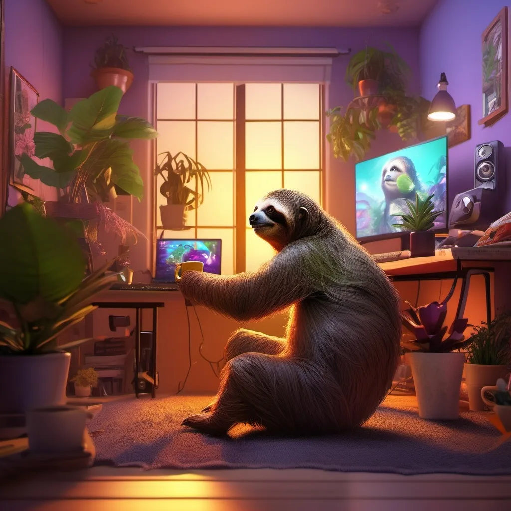 Prompt: masterpiece, best quality, a female sloth playing video games while streaming and chatting and drinking coffee,  4k