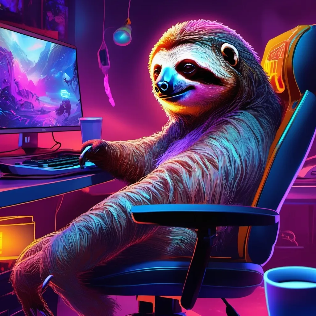 Prompt: masterpiece, best quality, a female sloth playing video games while streaming and chatting and drinking coffee,  4k