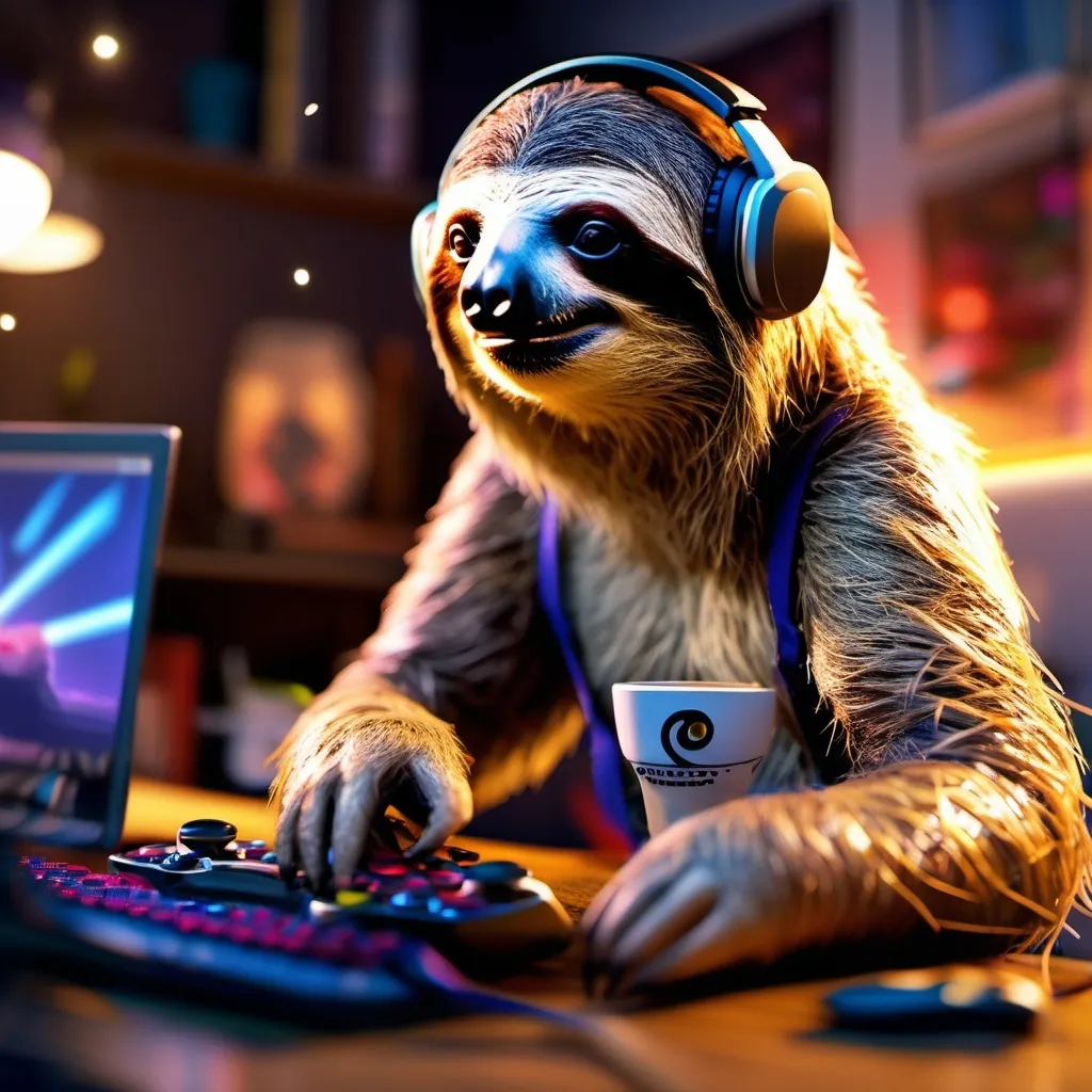 Prompt: masterpiece, best quality, a female sloth playing video games while streaming and chatting and drinking coffee,  4k