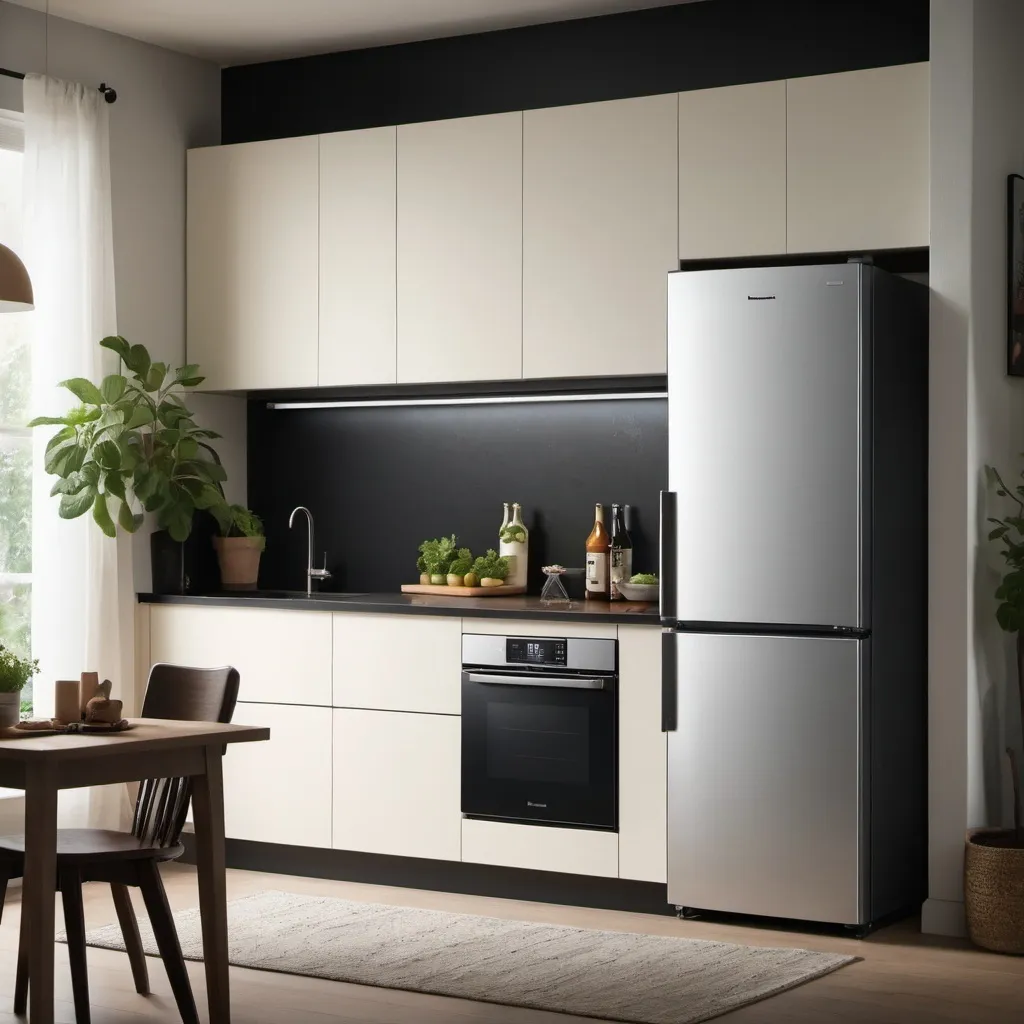 Prompt: a trendy kitchen design with a Panasonic 2-door fridge 