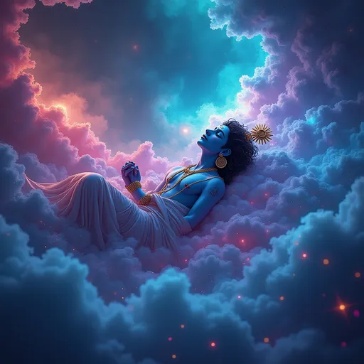 Prompt: Krishna (ethereal figure), laying gracefully in a vibrant, neon-colored universe, (glowing celestial elements) surrounding him, swirling galaxies, (intense color gradients) of blues, pinks, and greens, shimmering stars, (dreamlike ambiance), high contrast lighting, (magical and surreal atmosphere), ultra-detailed, 4K quality, (inspired by cosmic themes).