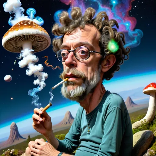 Prompt: Terrence Mckenna sitting whilst smoking a joint on a mushroom space planet