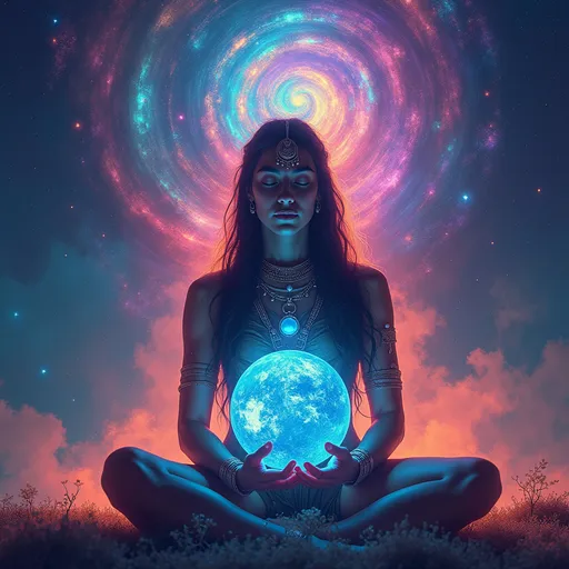 Prompt: Native American goddess (ethereal figure), meditating holding the earth in a vibrant, neon-colored universe, (glowing celestial elements) surrounding him, swirling galaxies, (intense color gradients) of blues, pinks, oranges, purples and greens, shimmering stars, (dreamlike ambiance), high contrast lighting, (magical and surreal atmosphere), ultra-detailed, 4K quality, (inspired by cosmic themes).