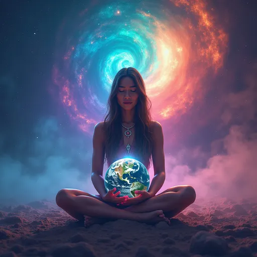 Prompt: Native American goddess (ethereal figure), meditating holding the earth in a vibrant, neon-colored universe, (glowing celestial elements) surrounding him, swirling galaxies, (intense color gradients) of blues, pinks, oranges, purples and greens, shimmering stars, (dreamlike ambiance), high contrast lighting, (magical and surreal atmosphere), ultra-detailed, 4K quality, (inspired by cosmic themes).