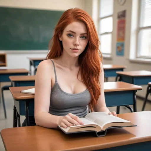 Prompt: A hyper realistic flawless beautiful red hair college girl wearing no shirt and sweatpants sitting on a classroom desk holding a book 