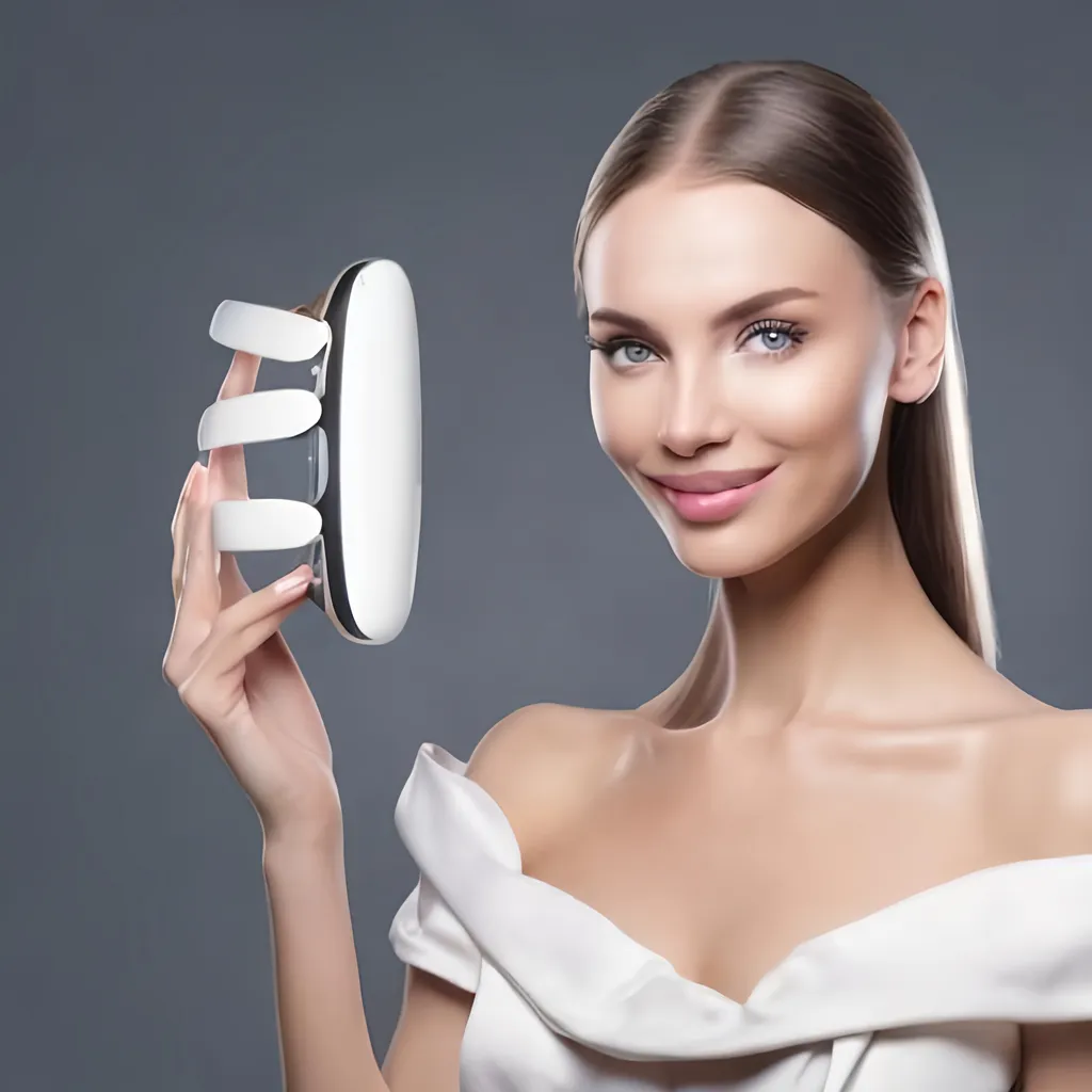 Prompt: a caucasian woman holding the beauty device to her face