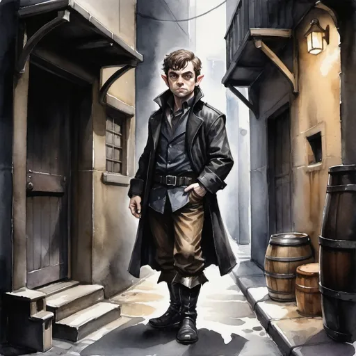 Prompt: water color painting of a fantasy male halfling investigator, fantasy version of a noir style clothes, noir lighting, noir color, facing the camera, disillusioned look, full body, in a D&D fantasy back alley