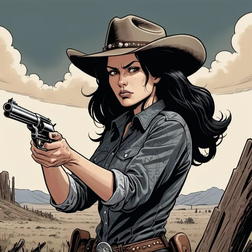 Prompt: Woman cowboy with black hair and a rifle, aiming her gun,landfields, detailed, dark colors, dramatic, graphic novel illustration,  2d shaded retro comic book