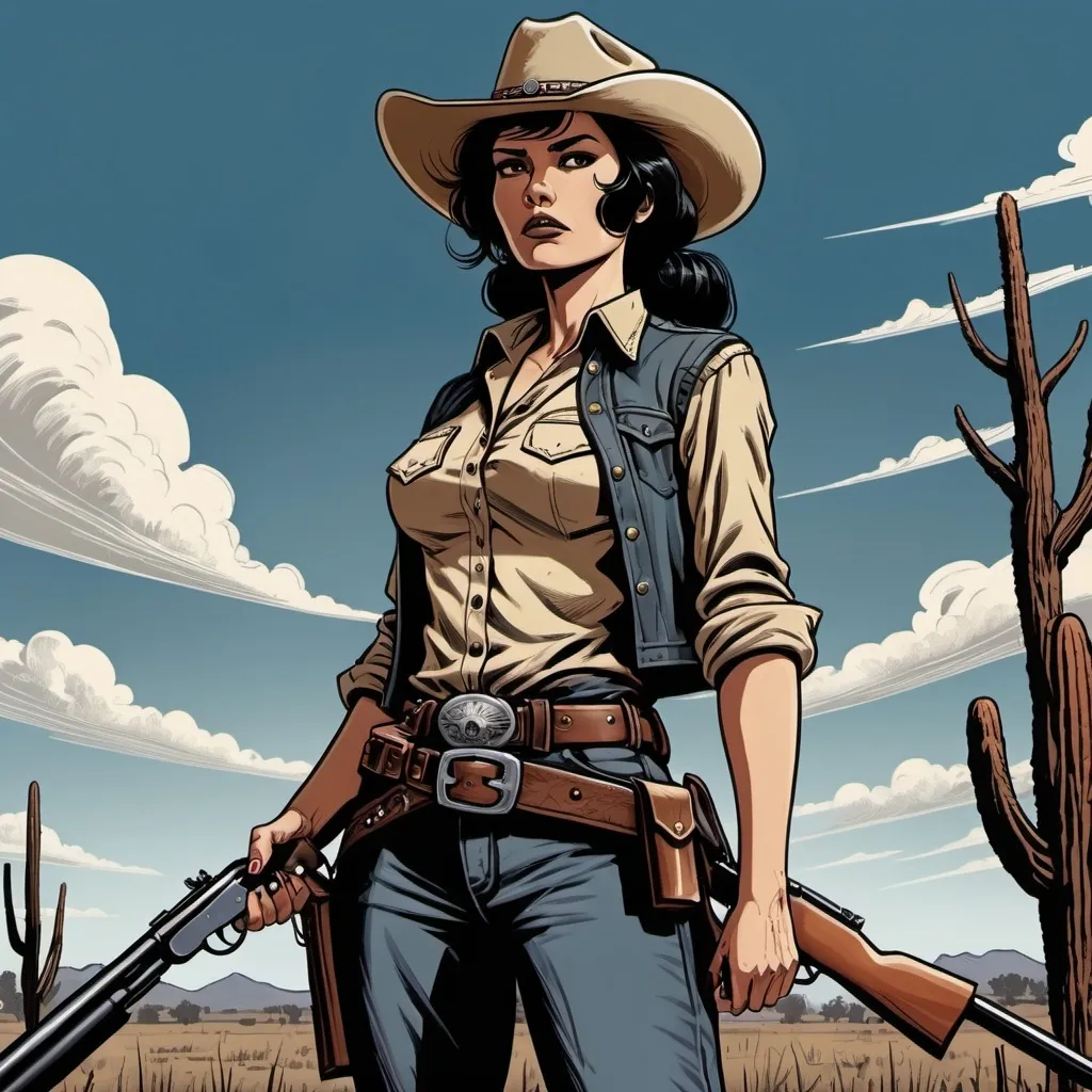 Prompt: Woman cowboy with black hair a and a rifle,land fields , detailed, dark colors, dramatic, graphic novel illustration,  2d shaded retro comic book