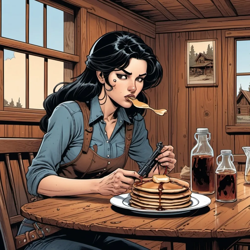 Prompt: Woman cowboy with black hair and a rifle, eating pancakes  with syrup on top at a nice  wooden dining table , in a nice wooden house , detailed, dark colors, dramatic, graphic novel illustration,  2d shaded retro comic book