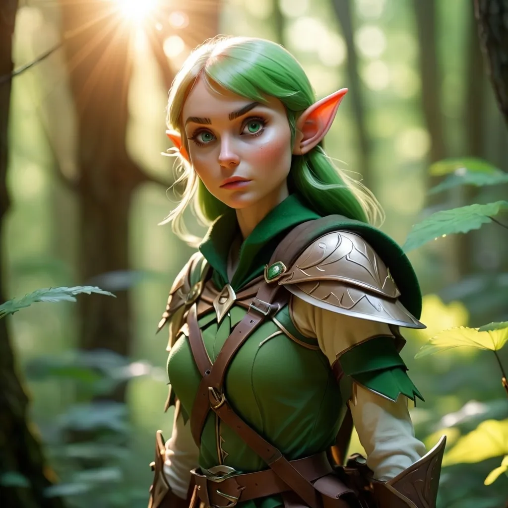 Prompt: Elf ranger in a mystical forest around sunlight