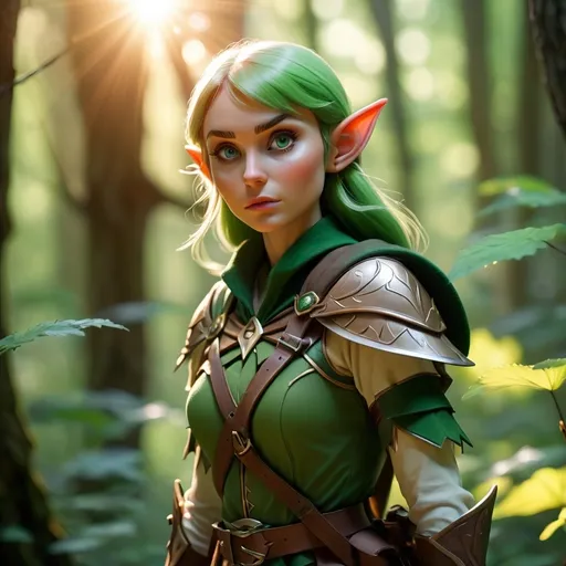 Prompt: Elf ranger in a mystical forest around sunlight