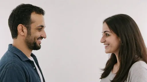 Prompt: an arabic man and a caucasian woman in their 30s, looking at each other with a smile. standing in a distance. in a casual attire. White background. 