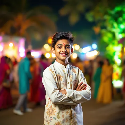 Prompt: Standing confidently in a festive atmosphere, a young boy clad in a white, intricately patterned kurta radiates charm, a playful smile accentuating his features and a hint of red adorns his forehead, suggesting celebration or tradition. He crosses his arms, striking a relaxed pose amidst a lively gathering filled with blurred figures in vibrant attire, evoking the energy of a social event, likely an outdoor celebration, illuminated by colorful lights that cast a warm, enchanting glow. The background reveals glimpses of lush greenery and structures faintly visible through the haze, enhancing the festive environment as guests mingle, adding to the cheerful ambiance and sense of community. The mixture of soft lighting and bustling silhouettes creates an inviting scene, communicating joy and connection during this special occasion.
