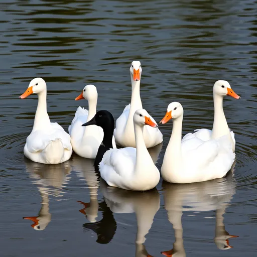 Prompt: One small black duck between 5 white duck
