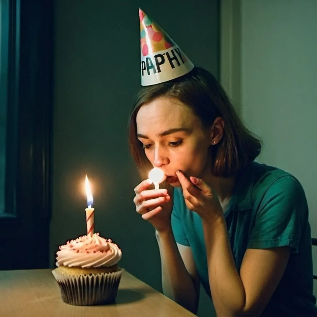 Prompt: sad woman wearing a birthday cone hat blowing cupcake with a candle dark room setting side view