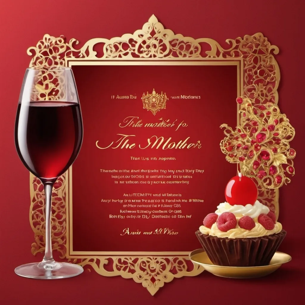 Prompt: invite for a party in dubai for mom. red and gold colour theme. text in the invite "The Motherland, the Motherboard, the Motherlode…the MOTHER!
*
For the 14 of us its all about Anju and NO OTHER

A ruby birthday in shimmering Dubai on September 9..
Put on your red and gold to party for an evening of fine wine and dine!"