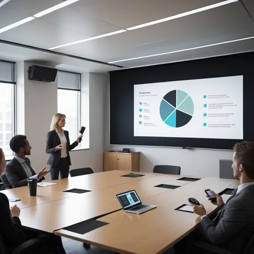 Prompt:  a presentation to a small audience in a modern conference room.
Details: A projection screen behind her shows slides, and she holds a remote control.
Movement: She transitions between slides using the remote and moves slowly across the stage.