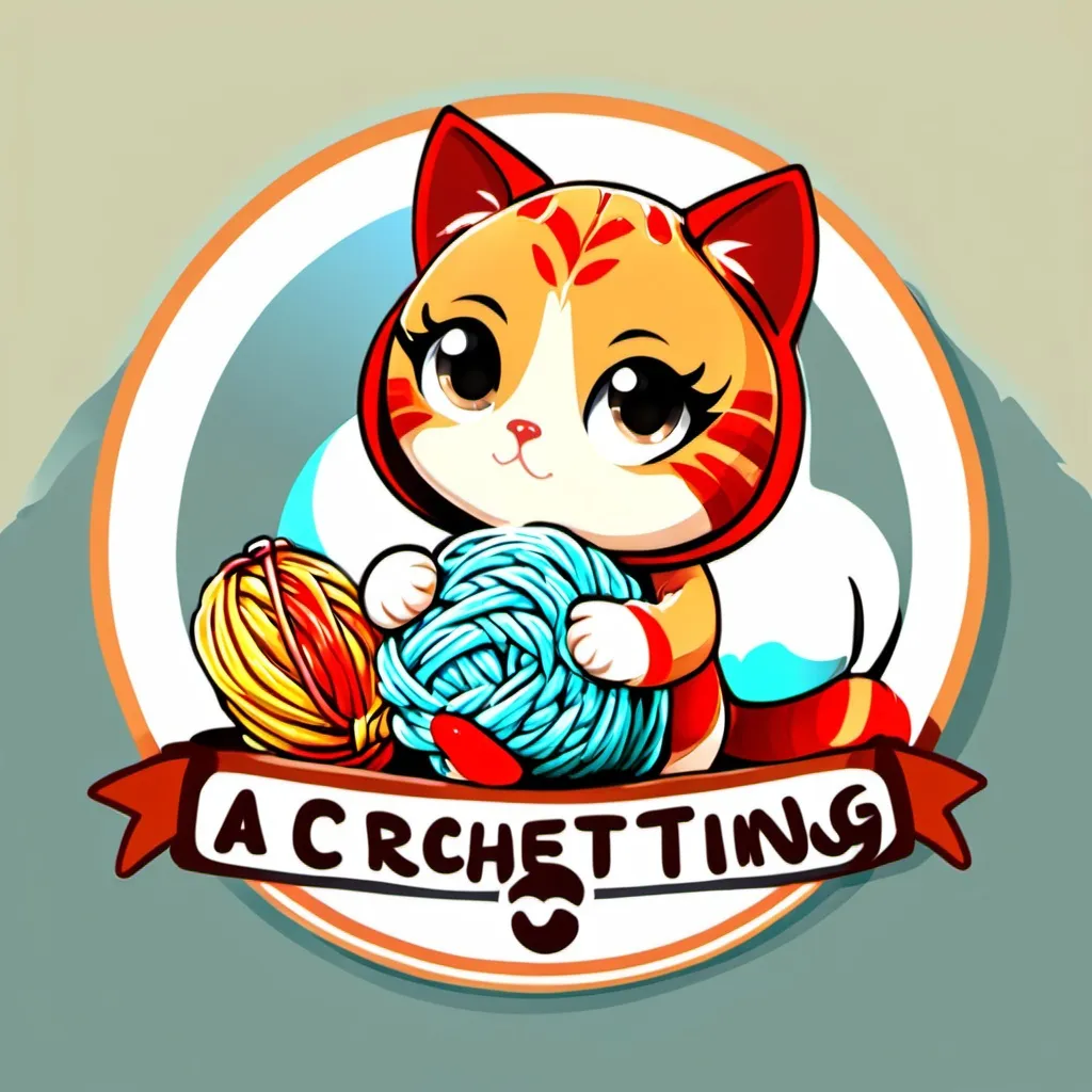 Prompt: A cartoon cat is crocheting.