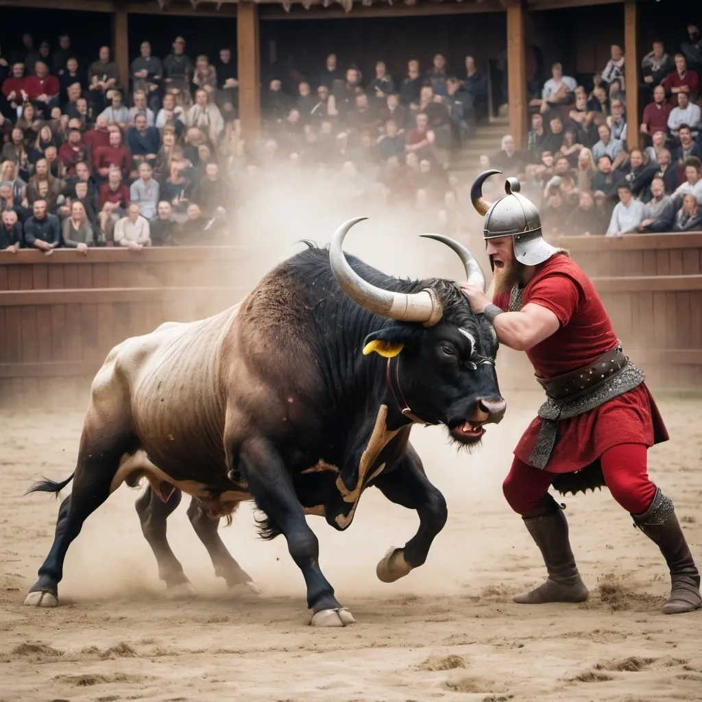 Prompt: A viking bull fighting