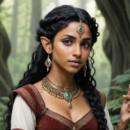 Prompt: female elf, lord of rings, indian, brown skin, black curly hair, traditional jewelry, vibrant, ethereal, beautiful, eleven, sindarin