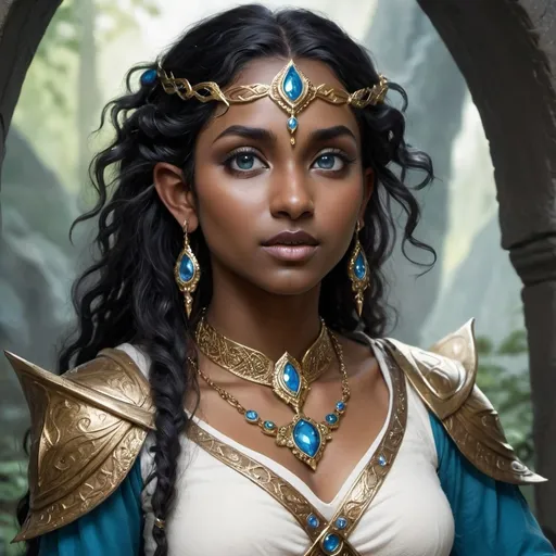 Prompt: female elf, lord of rings, indian, dark skin, black curly hair, traditional jewelry, vibrant, ethereal, beautiful, eleven, sindarin, elvish jewelry, chubby, blue stones, mythril, sword, white and gold clothing, 