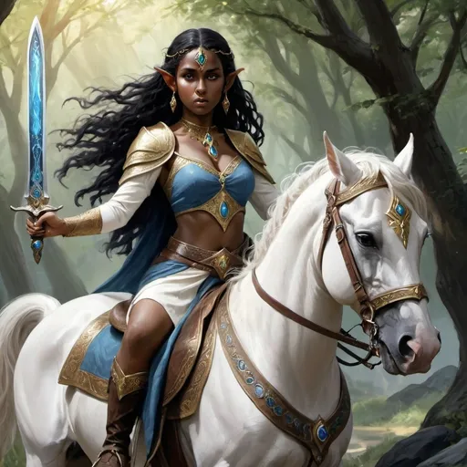 Prompt: female elf, lord of rings, indian, dark skin, black curly hair, traditional jewelry, vibrant, ethereal, beautiful, eleven, sindarin, elvish jewelry, chubby, blue stones, mythril, sword, white and gold clothing, on horseback, fighting in war, elvish magic, nose ring, beauty