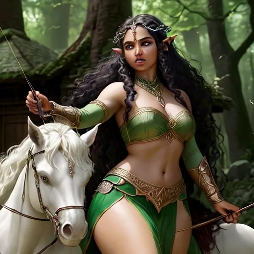 Prompt: (female elf, lord of rings), chubby, black curly hair, brown skin, traditional jewelry, elvish jewelry, nose ring, mythril, vibrant and ethereal, fighting in war, on horseback, holding a bow, quiver, (revealing clothing), adorned with green stones, elvish magic, beautiful, elegant and majestic, sindarin style, Indian beauty, mythical battlefield, enchanted aura, cinematic masterpiece in vibrant colors, ultra-detailed, 4K, breathtaking.